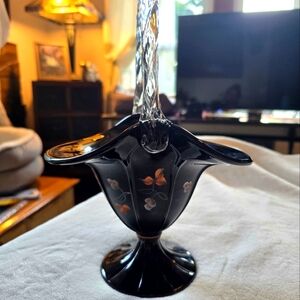 Fenton Pedestal Basket Black Milk Glass hand painted vintage Mint!